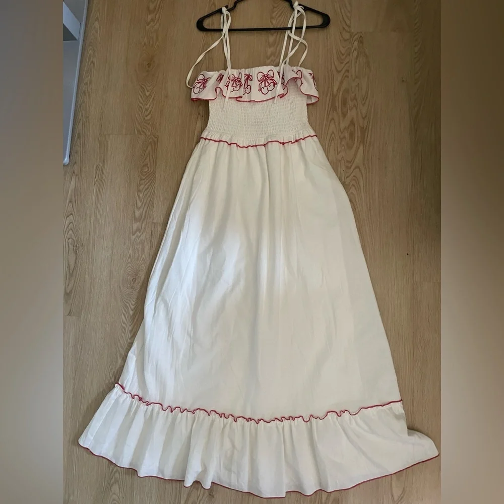 Embroidered Linen Midi Dress M Red White Countryside Cottage Classic Feminine - Picture 9 of 17